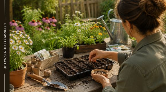 Semis des Astéracées au jardin médicinal  plantation de camomille et calendula dans un potager ensoleillé - Herboristerie Sensathé